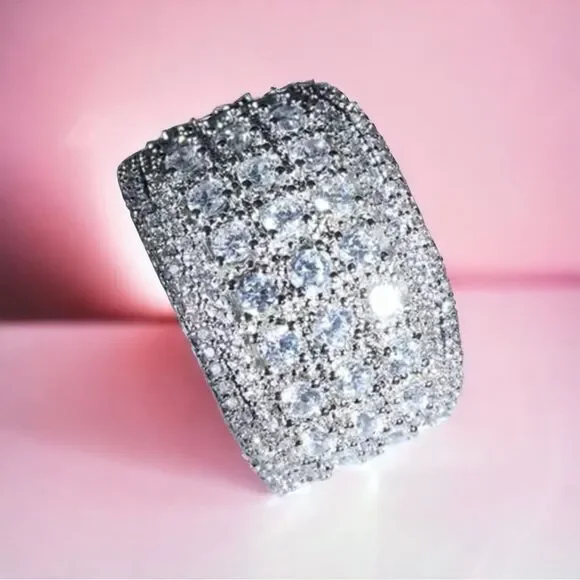 🧊💍Wide Luxurious Silver CZ Diamond 5-Row Sparkle Band Statement Cocktail Ring - Picture 7 of 17